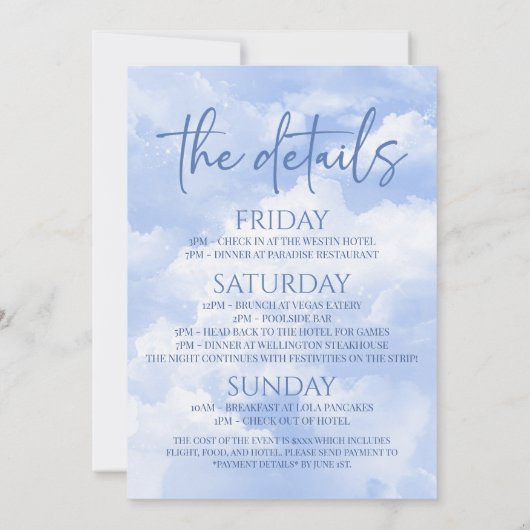 花嫁がクラウドナインのバチェロレッテ週末パーティー 招待状 (裏面)