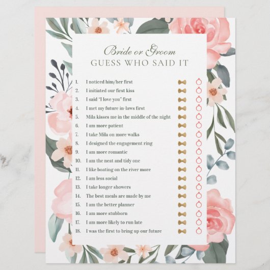 花嫁が言う 花婿が言う フローラル ローズ & セージ ブライダル ゲーム (正面/裏面)