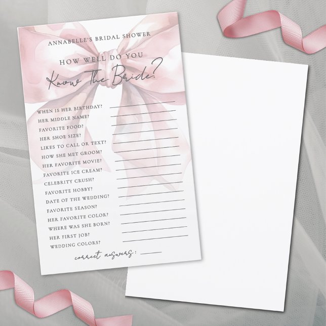 花嫁が赤面するピンクの弓の結婚前のお祝いのゲームを知る (Know The Bride Blush Pink Bow Bridal Shower Game)