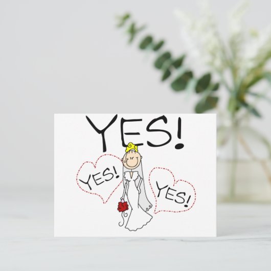 花嫁がYesのTシャツとプレゼントを言う ポストカード (スタンド正面)