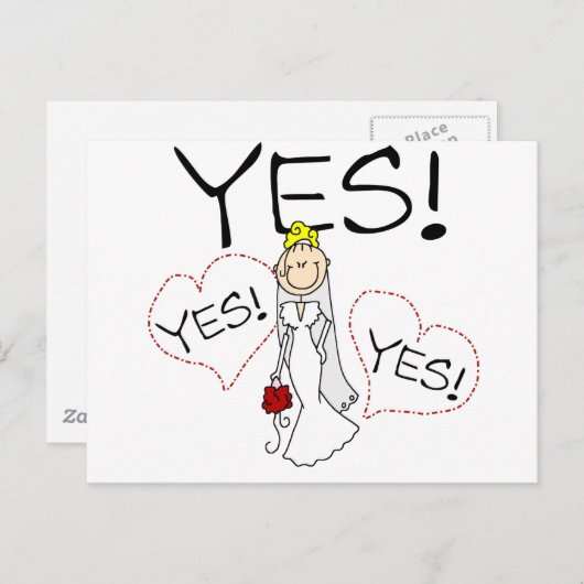 花嫁がYesのTシャツとプレゼントを言う ポストカード (正面/裏面)