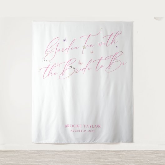 花嫁とガーデンティーバックブライダルシャワー タペストリー (正面)