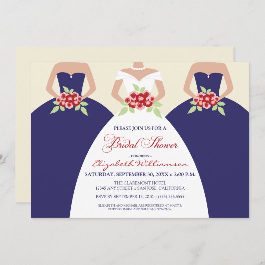 花嫁とブライドメイドブライダルシャワー招待状（ネイビー） 招待状 (正面/裏面)