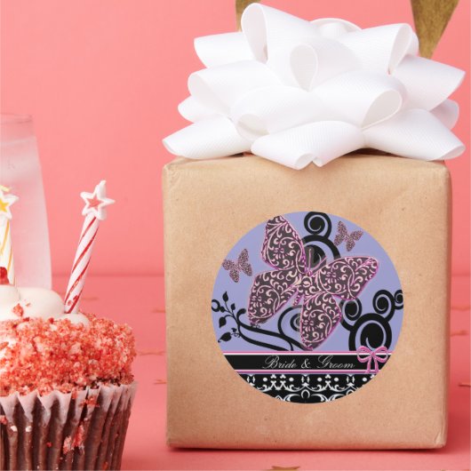 花嫁と新郎の蝶の渦巻きピンク黒&白 ラウンドシール (パーティー)