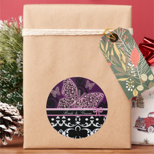 花嫁と新郎の蝶の渦巻きピンク黒&白 ラウンドシール (クリスマス)