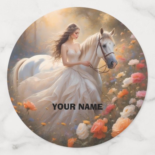 花嫁と白い雄馬が草原で立つ コンフェッティ (ラージ裏面)