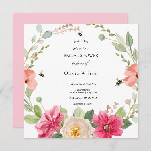 花嫁と緑のエレガントブライダルシャワー 招待状 (正面/裏面)