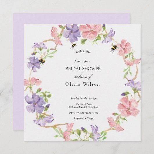 花嫁と緑のエレガントブライダルシャワー 招待状 (正面/裏面)