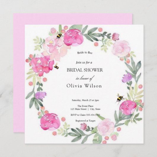 花嫁と緑のエレガントブライダルシャワー 招待状 (正面/裏面)