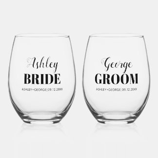 花嫁と織物屋はブラック・タイポグラフィ結婚の ステムなしワイングラス