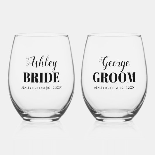 花嫁と織物屋はブラック・タイポグラフィ結婚の ステムなしワイングラス (正面)