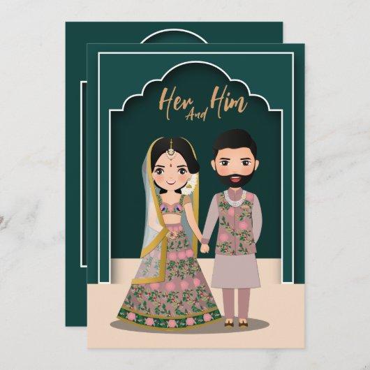 花嫁と花婿のかわいいカップル インドの漫画 セーブザデート (正面/裏面)