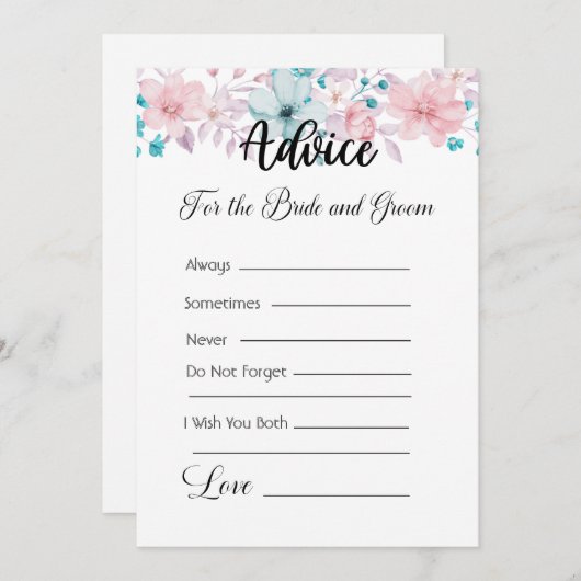 花嫁と花婿のためのアドバイスピンクと青の花 招待状 (正面/裏面)