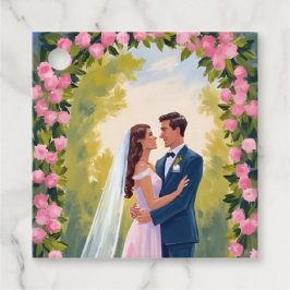 花嫁と花婿のガーデンアーチ | 花で飾られた結婚式のペインティング フェイバータグ