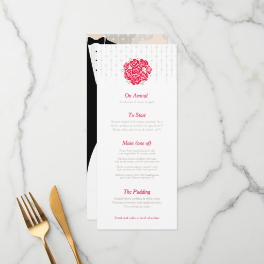 花嫁と花婿のグリーンブーケ レッド ウェディングメニュー メニュー (正面/裏面インサイチュ)