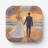 花嫁と花婿のビーチウェディング・ウォーターカラー ペーパープレート (正面)
