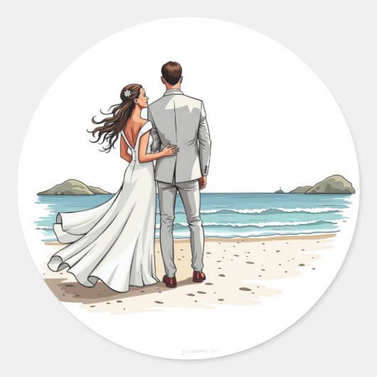 花嫁と花婿のビーチシール ラウンドシール (正面)