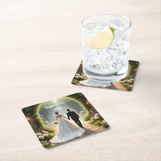 花嫁と花婿の後ずっと幸せに スクエアペーパーコースター (インサイチュ)