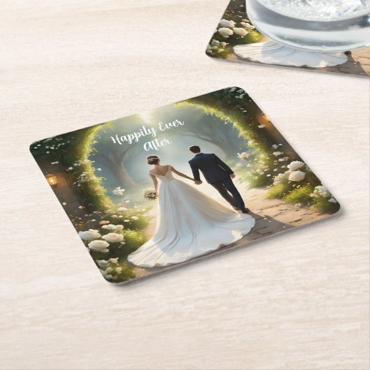 花嫁と花婿の後ずっと幸せに スクエアペーパーコースター (アングル)