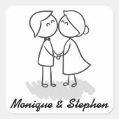 花嫁と花婿の漫画の黒と白結婚の スクエアシール (正面)