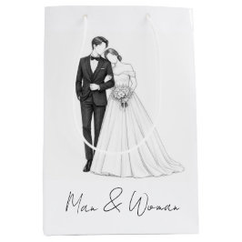 花嫁と花婿の結婚カップルアート ミディアムペーパーバッグ