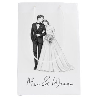 花嫁と花婿の結婚カップルアート ミディアムペーパーバッグ