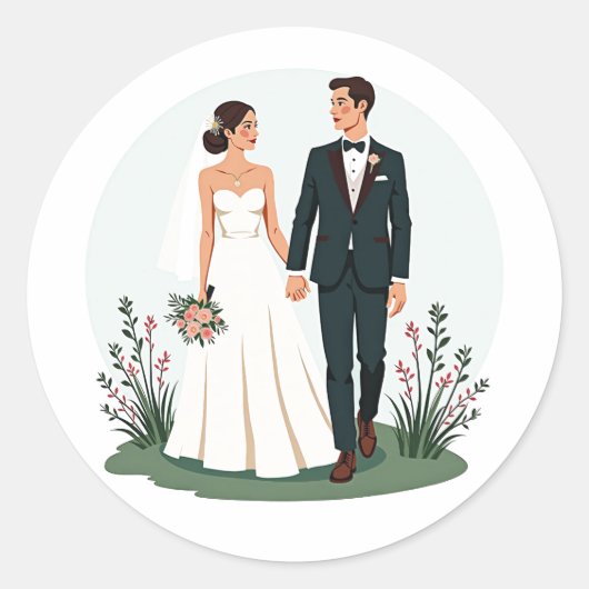 花嫁と花婿の結婚ステッカー ラウンドシール (正面)