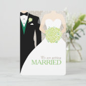 花嫁と花婿の緑の花束の結婚式招待状 招待状 (スタンド正面)