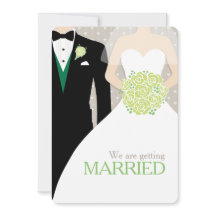 花嫁と花婿の緑の花束の結婚式招待状