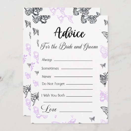 花嫁と花婿の蝶のためのモダンアドバイス 招待状 (正面/裏面)