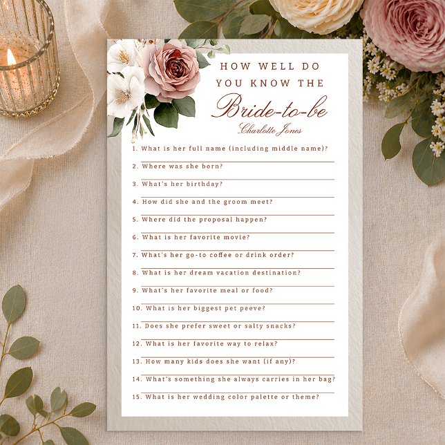 花嫁についての知恵を披露するブライダルシャワーパーティゲーム (Bridal Shower Card)
