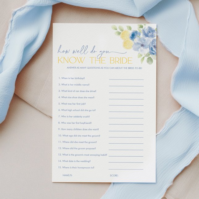 花嫁についての知恵比べゲーム Main Squeeze Bridal Shower Games Kn (How well do you know the bride? Blue floral lemon Bridal Shower Game)