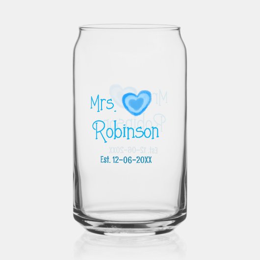 花嫁になる〇〇さん（名前） 日付 水彩ブルーハート ガラス缶 (正面)