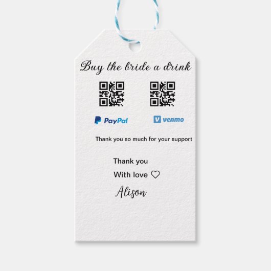花嫁にドリンクをプレゼント QRコード Venmo PayPal ギフトタグ (正面)