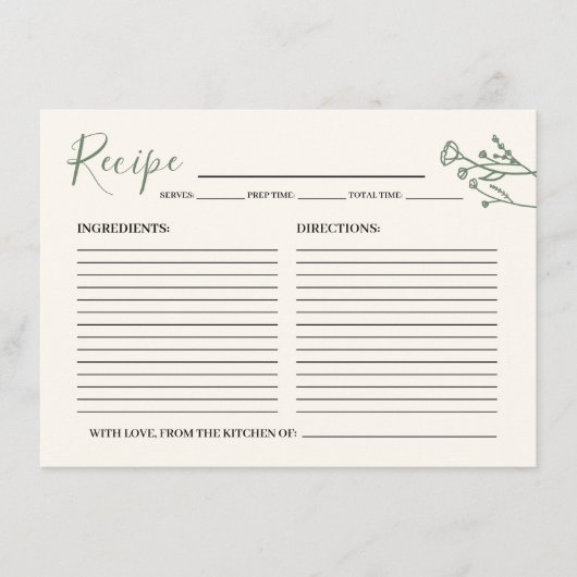 花嫁のためのルースティック ワイルドフラワーレシピカード エンクロージャーカード (正面)