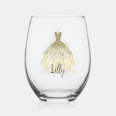 花嫁のための金色の輝くドレス ステムなしワイングラス (正面)