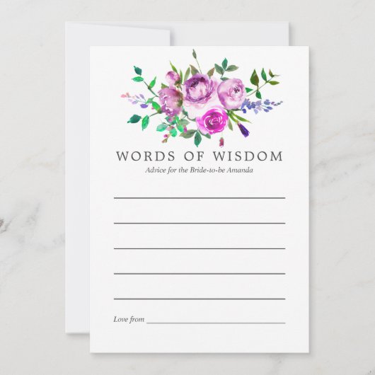 花嫁のウルトラバイオレットフローラブライダルシャワーアドバイス 招待状 (正面)