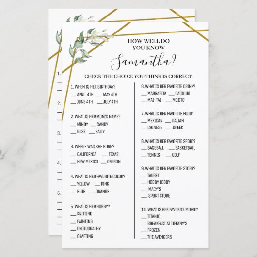 花嫁のオプションのシャワーゲームをどれだけ知っているか (正面/裏面)