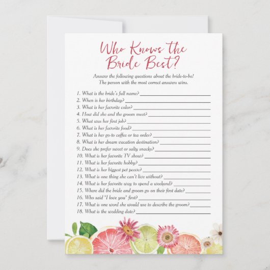 花嫁のゲームカードを知っているブライダルシャワー 招待状 (正面)