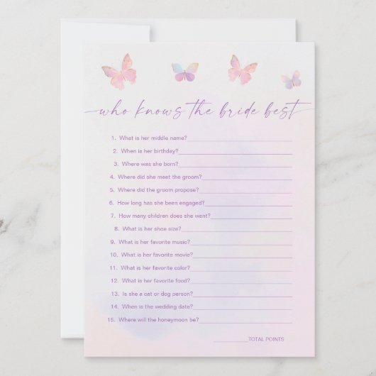花嫁のゲームカードを知っている蝶のブライダルシャワー 招待状 (正面)