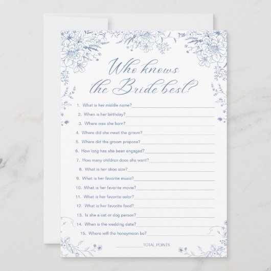 花嫁のゲームカードを知っている青いブライダルシャワー 招待状 (正面)