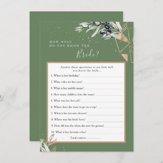 花嫁のゲームカードを知るオリーブ最高のの緑 招待状 (正面/裏面)