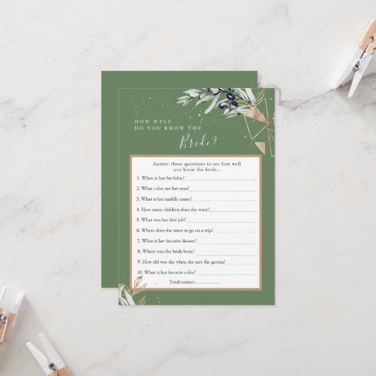 花嫁のゲームカードを知るオリーブ最高のの緑 招待状 (正面/裏面インサイチュ)