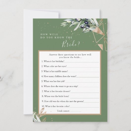 花嫁のゲームカードを知るオリーブ最高のの緑 招待状 (正面)