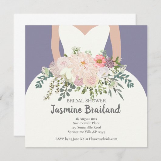 花嫁のシルエットとフローラブーケブライダルシャワー (正面/裏面)