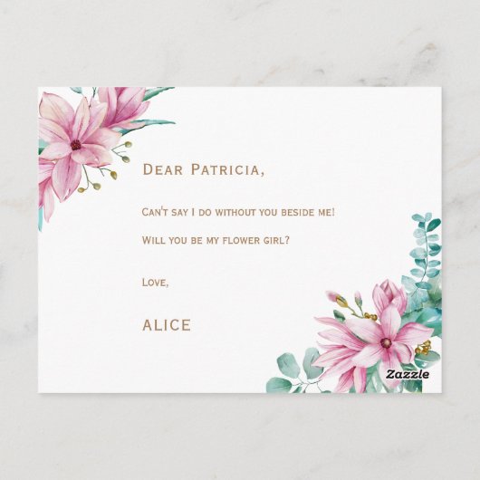 花嫁のピンクのミントは私の花の女の子になる ポストカード (裏面)