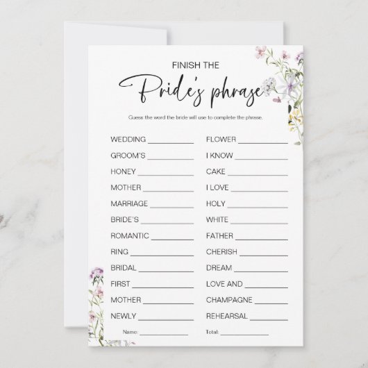 花嫁のフレーズブライダルシャワーゲームを終了 招待状 (正面)