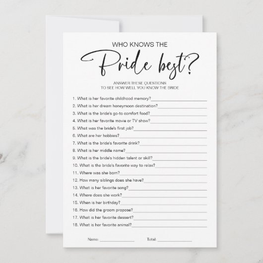 花嫁のブライダルシャワーゲームを知っ最高のている 招待状 (正面)