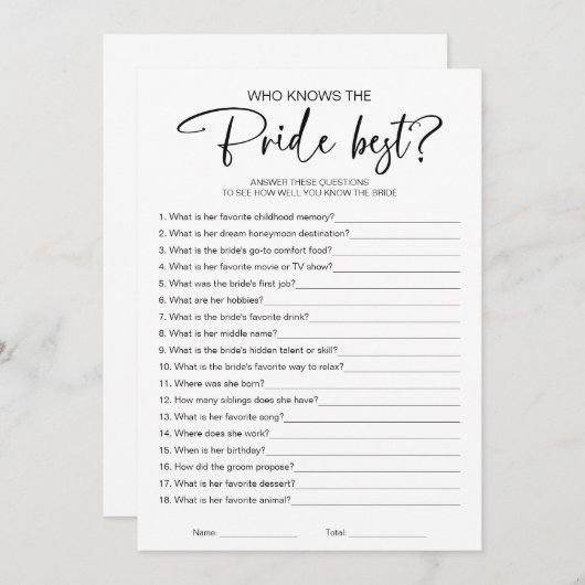 花嫁のブライダルシャワーゲームを知っ最高のている 招待状 (正面/裏面)