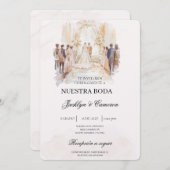 花嫁のベージュとボホスペインの結婚ベージュ 招待状 (正面/裏面)